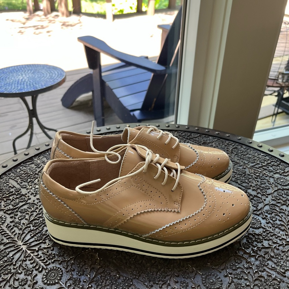 DADAWEN WING TIP OXFORD SHOES IN PATENT APRICOT TAN 42 9.5 - Picture 7 of 12